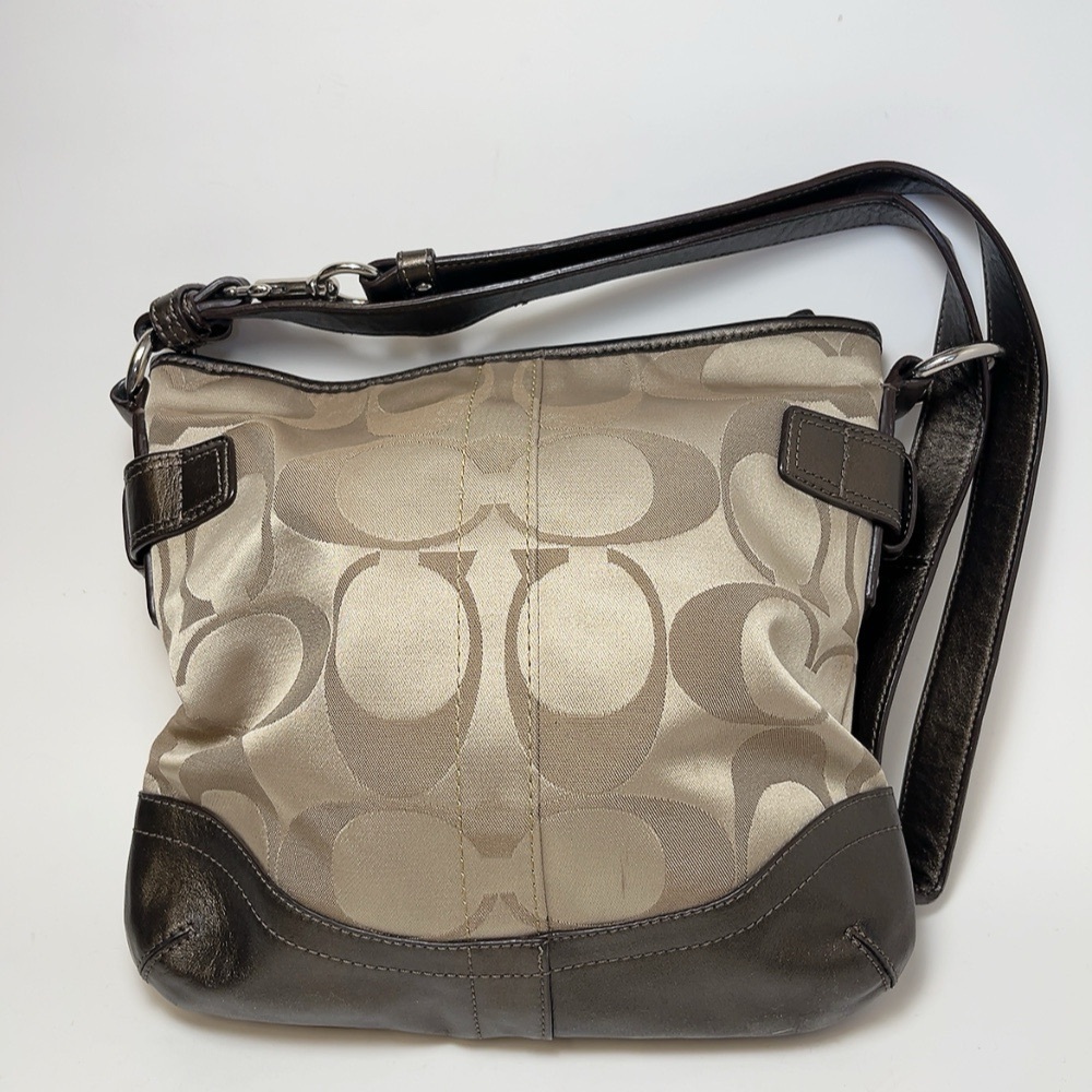 Coach Womens Brown Tan Sateen Signature Chain Duffle Convertible Crossbody Bag - Picture 7 of 15